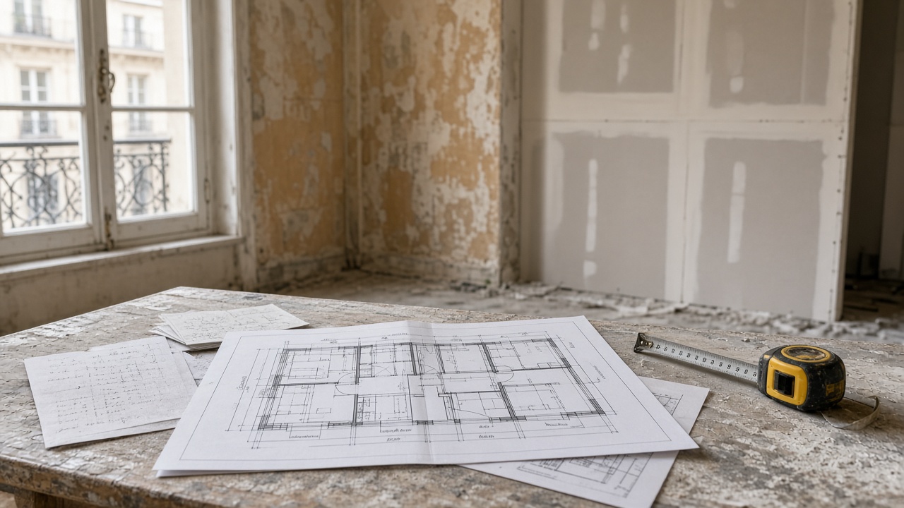 Relevé papier et mètre sur une table de chantier intérieur