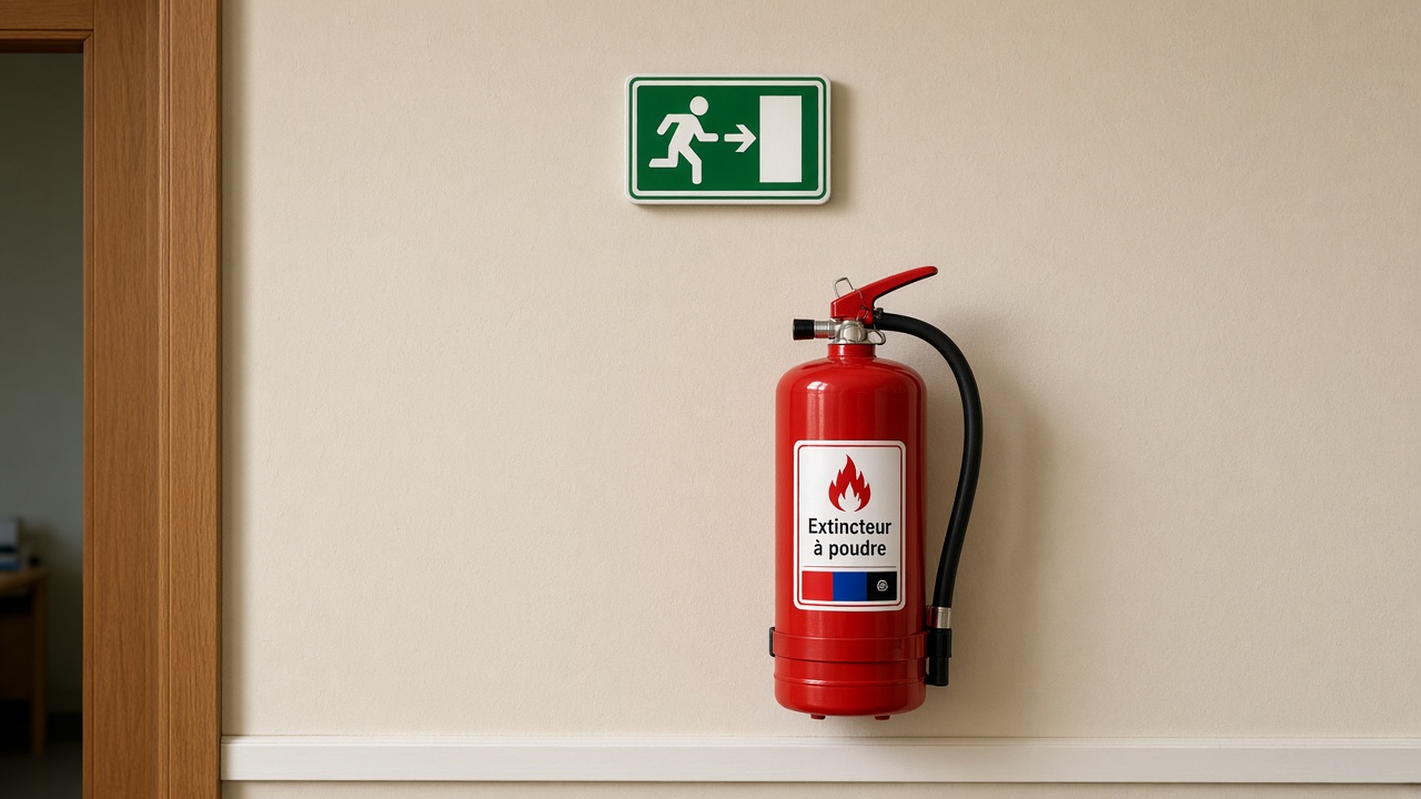 Extincteur et pictogramme de sortie dans un local tertiaire