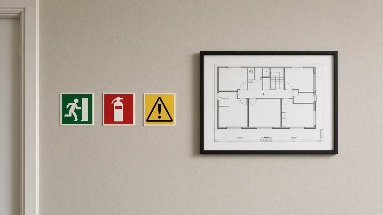 Pictogrammes de sécurité et plan d'évacuation sur un mur d'ERP