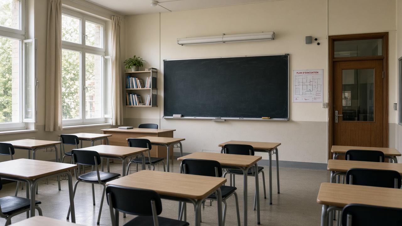 Salle de classe vide avec plan d'évacuation près de la porte