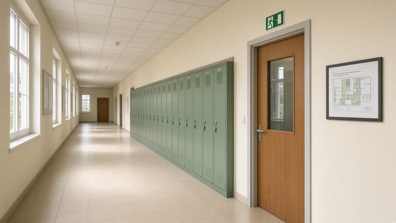 Couloir d'établissement scolaire, plan d'évacuation près d'une salle