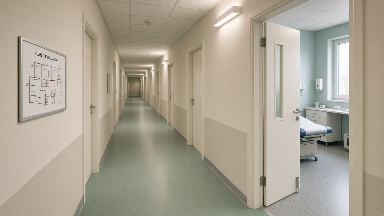 Couloir de consultations avec plan d'évacuation au mur