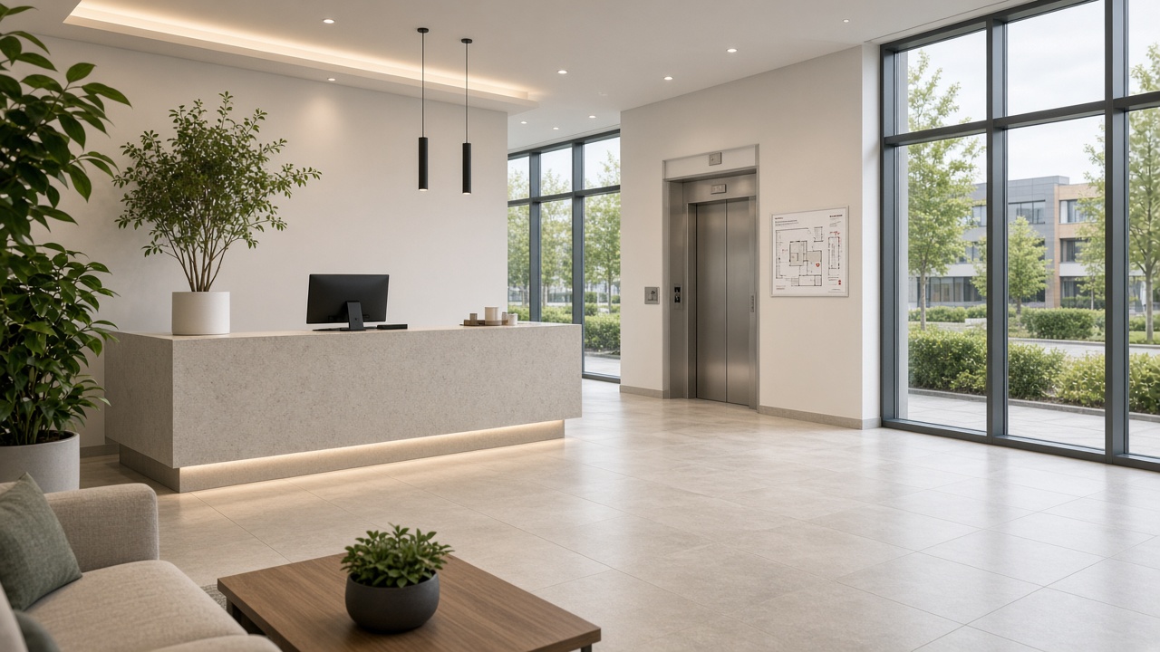 Hall d'immeuble tertiaire en Seine-et-Marne, plan d'évacuation près des ascenseurs