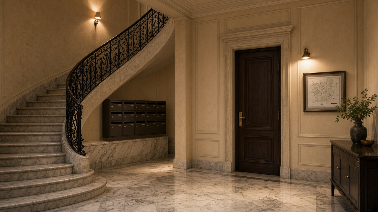 Hall haussmannien parisien, plan d'évacuation près de l'entrée intérieure