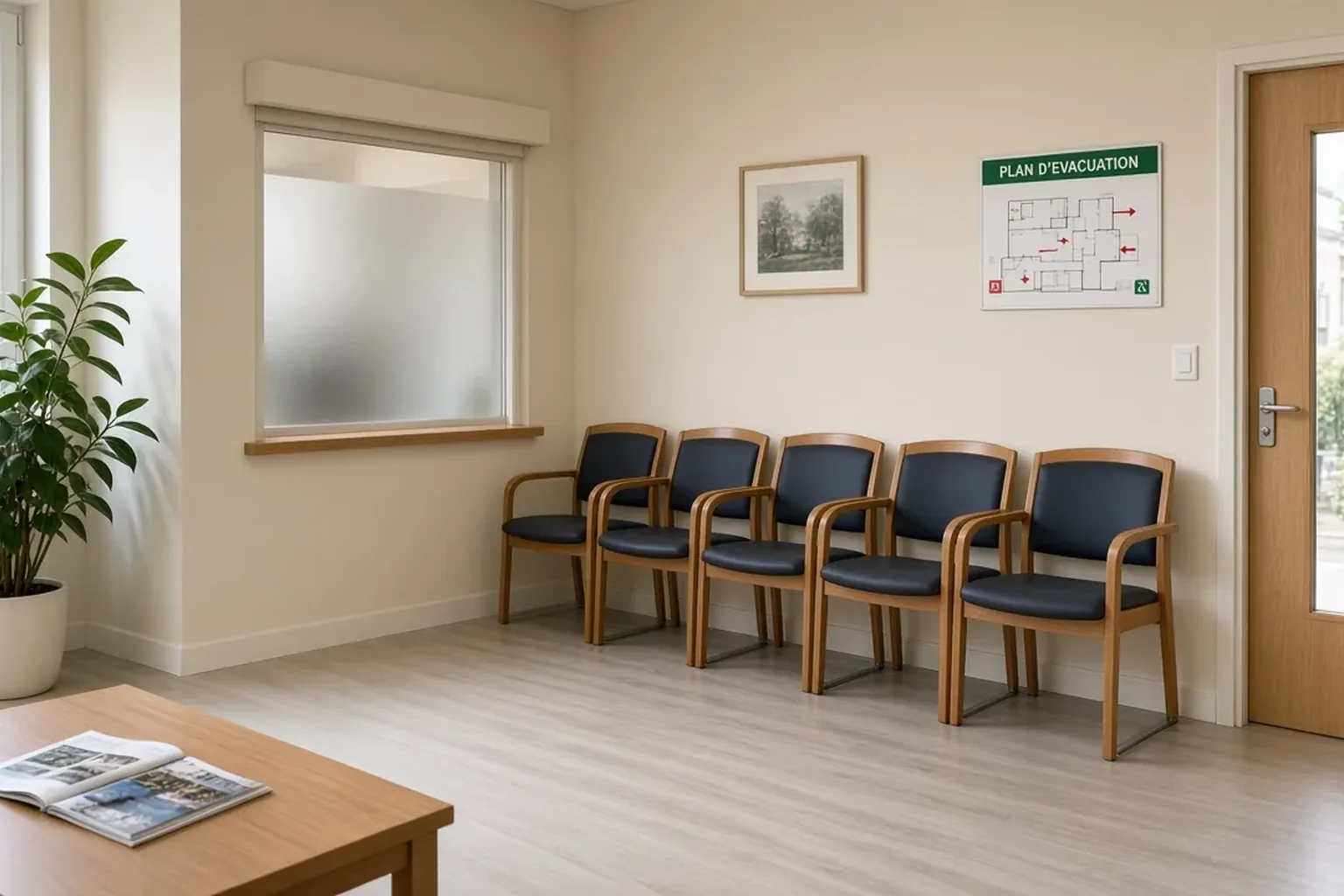 Salle d'attente avec plan d'évacuation affiché pour les contrôles, l'assurance et la RC du praticien