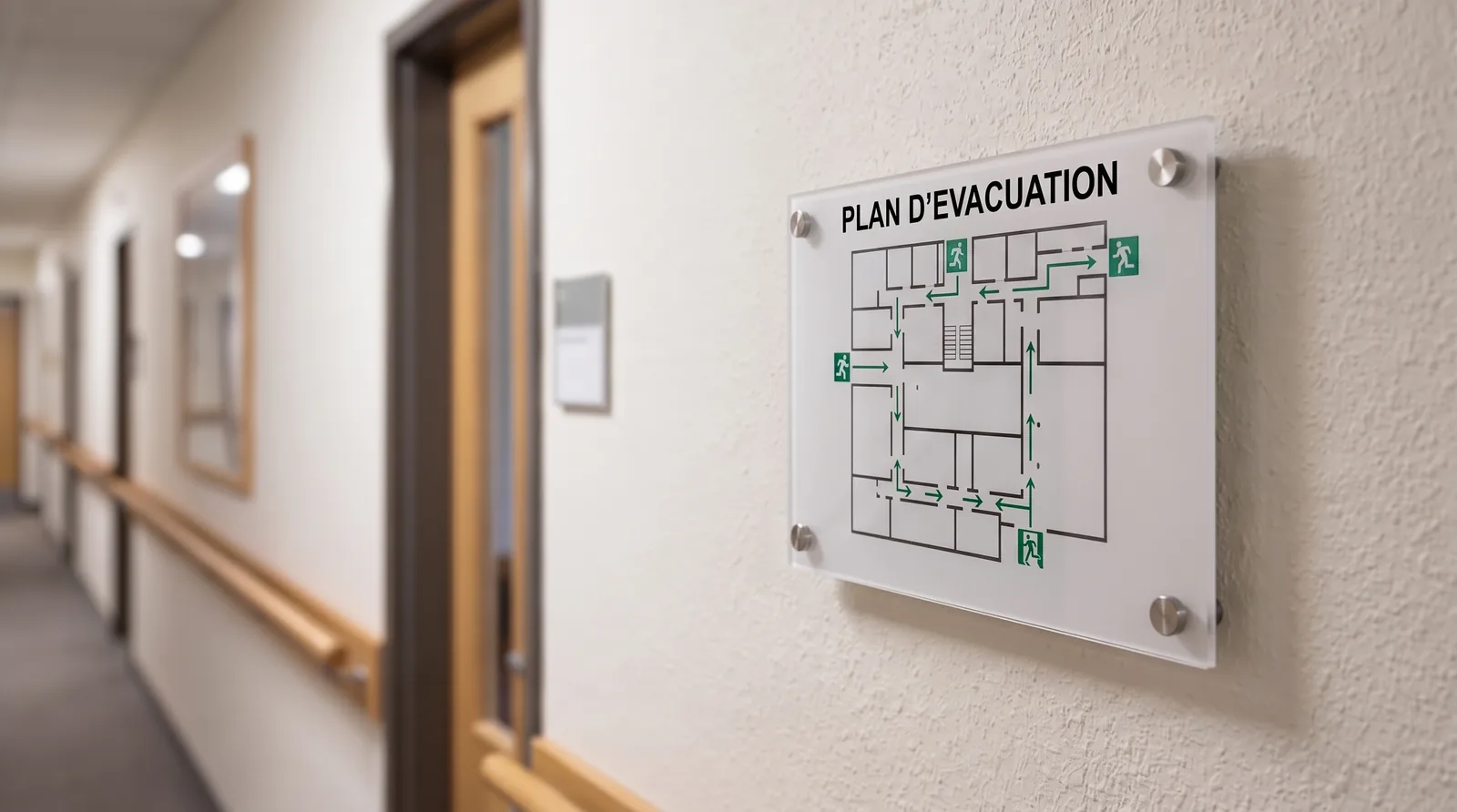 Plan d'évacuation sur support PMMA (plexi) transparent avec entretoises