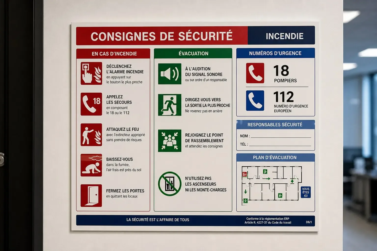 Panneau de consignes de sécurité incendie avec plan d'évacuation intégré
