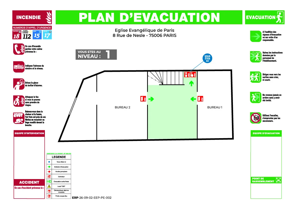 Plan d'évacuation détaillé avec pictogrammes ISO 7010 - Eglise Evangélique de Paris