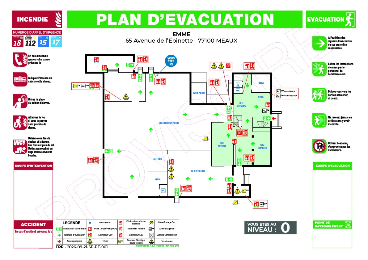 Plan d'évacuation NF X 08-070 réalisé en PAO - EMME Meaux