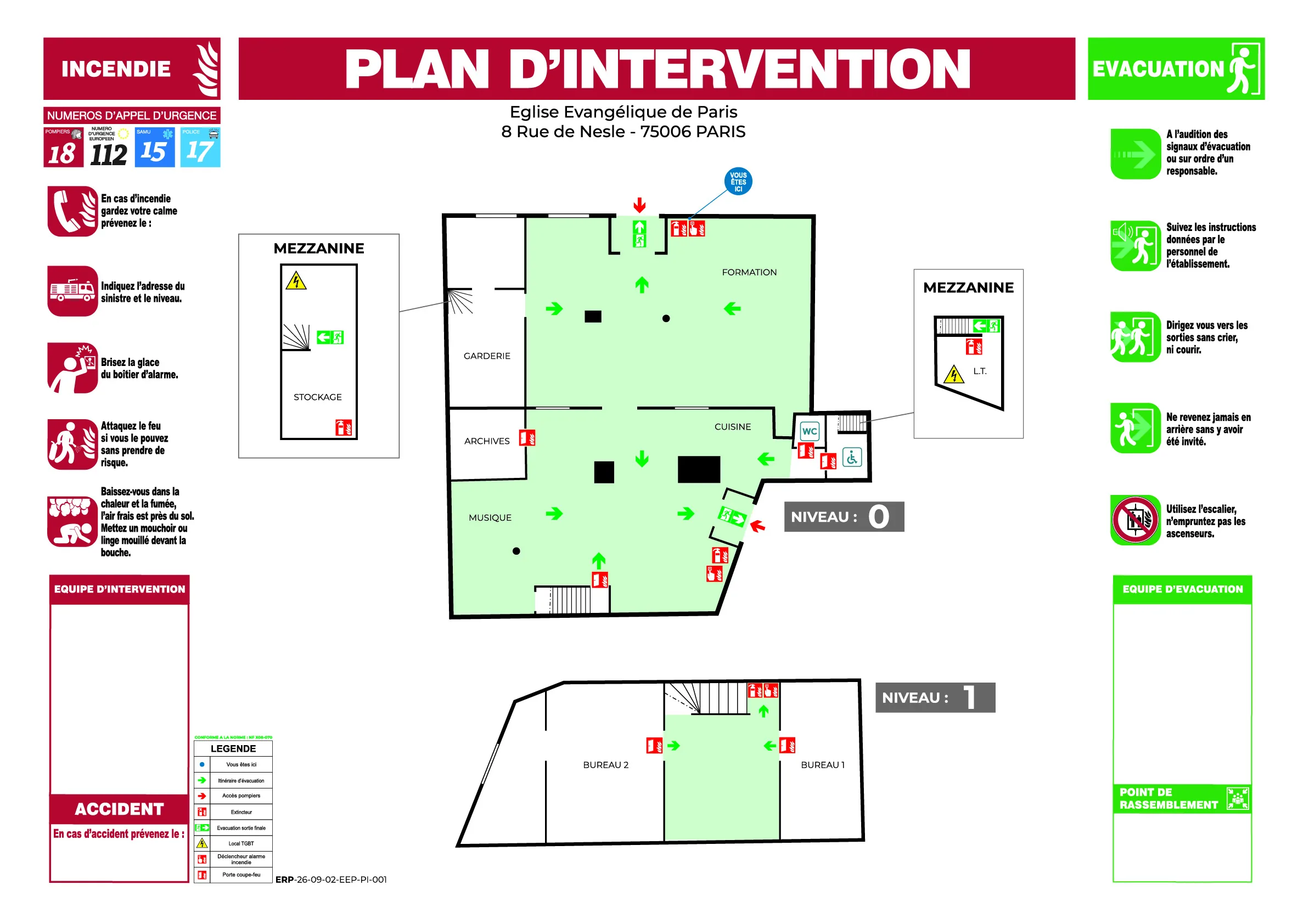 Plan d'intervention avec réseaux, accès pompiers et locaux sensibles - Eglise Evangélique de Paris